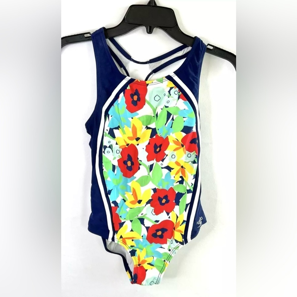 Speedo Girl’s Thick Strap Blue Multicolor One Piece Swimsuit Size 14